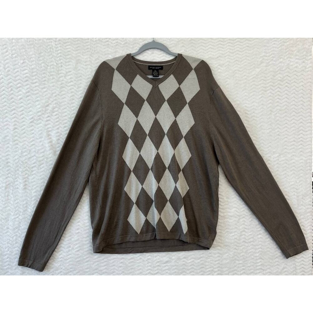 Banana Republic Cashmere Silk Argyle V Neck Pullover Brown Sweater Mens XL - Picture 2 of 14